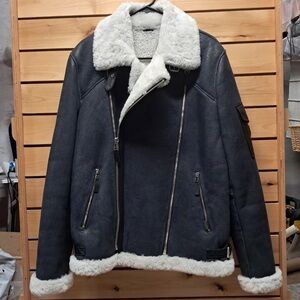 Leather Shearling Moto Bomber Jacket Size L